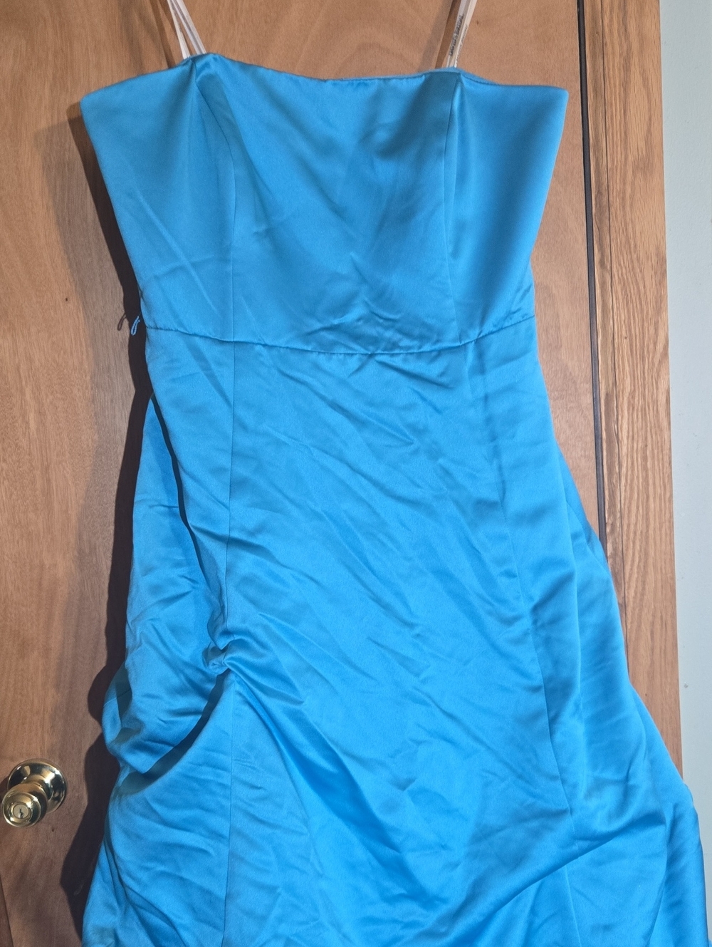 David's Bridal Strapless Aqua Satin Gown